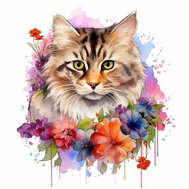 Laperm Cat with flowers, watercolor, sharp illustration clipart, insane detail, white background