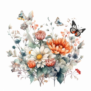 bright watercolor wild floral and butterflies clip art design for wedding invitations with a thick black outline and white background