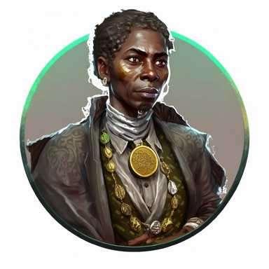 regency female African noble guild merchant politician, Josh Kirby Mad Max Lord of the Rings, handpainted enamel punk zine indie retrowave, clipart illustration character portrait, circle white background