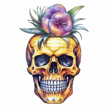 watercolor pineapple skull with flowers and other things on it, in the style of tropical symbolism, kawaiipunk, strong use of color, wrapped, dimensional illusion, pseudo-realistic, clowncore Clipart desert cartoon t-shirt graphic, vector,contour, isolated on a white background