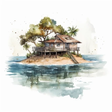 a watercolor of a tiny island in the middle of the ocean, there is a modern beach house with wooden cottage clipart, white background