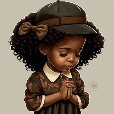 clipart style Afro Latina 7 years old, praying, happy praying hands, curly dark brown hair wearing a beret hat, closed eyes, short sleeve summer dress, dress over the knees.