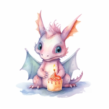 Cute happy Watercolor cake Baby Dragon Clipart, on a white background