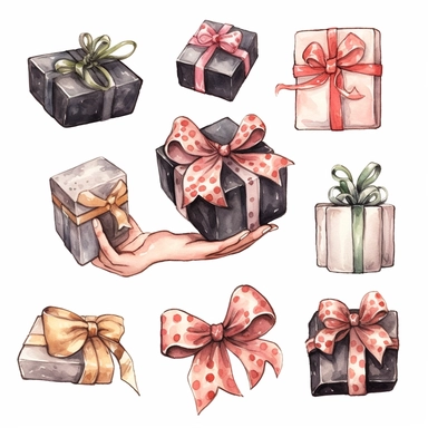 watercolor, Hand with gifts set. Holding present boxes, and holiday packages in festive paper wrapping, tied with ribbon, and bow. Christmas and birthday surprises. png Full body realistic cartoon in 32K UHD cute. 15 cm thick outline. Black color. There was no shadow on the ground. 8k with realistic watercolors and detailed illustrations. PNG clipart, transparent white background