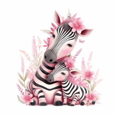 cute pink floral illustration, realistic adorable one baby cute zebra hugging his cute mom, happy clipart, nursery style clipart, nursery animal art, kids wall art, baby room decor, isolated on white, ultra - detailed, high quality, ghibli style, award winning