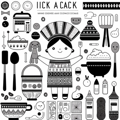 black and white collage toys and kitchen utensils for kids inspired by inca and maya art innocent illustration design only for kids vector flat clipart 2d funny for nursery decor lineart solid colors white background only