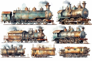 watercolour steampunk vintage train carriage clipart, hd, isolated on white background, spaced out