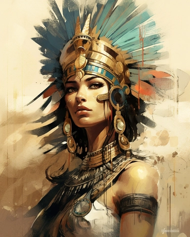 beautiful watercolour illustration, clipart, ancient egyptian goddess with traditional dark kohl eye makeup, egyptian style, commanding smile, touches of realism mixed with mystical and fantasy elements, uhd, realistic detail, egyptian colour schemes, 32k
