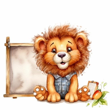 a friendly watercolor cute little lion. It´s mane neatly brushed and he is sitting in a classroom. He is holding a white sign in front of his body with his hands. the lion is very happy and has a very wide smile. without a backround so it can be used as a clipart in many diffrent designs