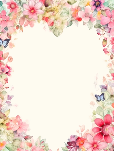 frame for poster, narrow vignette along the sides and the corners of the picture, little cute wild bright clipart flowers like hearts vignette, soff pastel blank center of the picture,