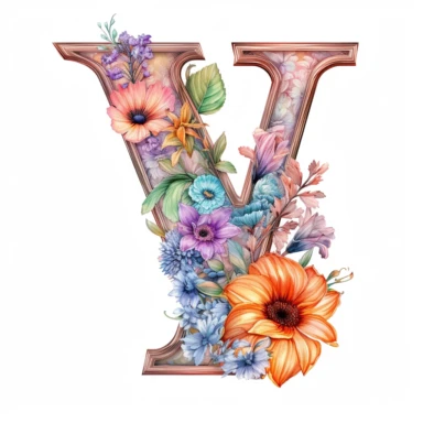 Beautiful Pastel Vintage Flower Alphabet Letter  V  Watercolor Clipart,Cartoon, hyper realistic, intricate detail, illustration style,high solution,on the white background