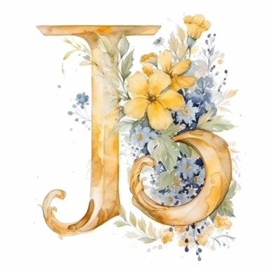 watercolor, Clipart, Golden Monogram, Capital Letter [J] of english alphabates, decorated with white flowers, yellow tone