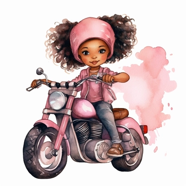 Cute little girl black skin sitting on her motorcycle pink watercolor Clipart