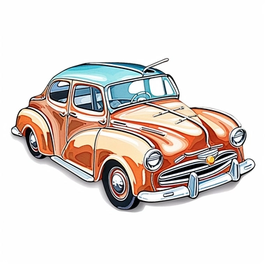 v Vintage Hand painted clipart of a Metal toy car in the style of vintage nursery kitsch Lefton, retro midcentury 1950’s, white background, contour