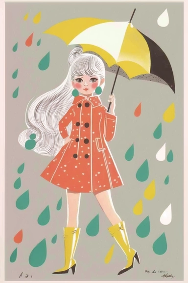 <https://s.mj.run/49ZvoIFW24o> <https://s.mj.run/VafKh_OyowI> Mary Blair style, minimalistic nordic style single clipart, baby 70s hippie fashion model with umbrella, minimalistic pastel color palette,