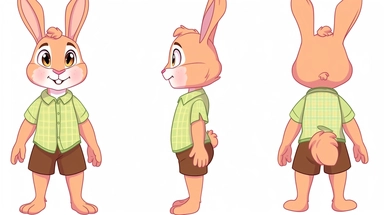 clipart,A cute little rabbit wearing a bright shirt and shorts+three Kans, with three perspectives on the front, side, and back, in different poses. The little rabbit has a small and cute body, with furry white fur and a pair of long ears. Its bright black eyes exude a clever and curious expression. A mischievous expression, he often wears bright shirts and shorts, full of vitality.clipart style, full body with both feet, painting, illustration, style, beautiful cartoon style, three images