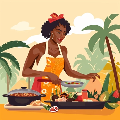 Caribbean Cuisine: Create an illustration of an Afro-Caribbean woman cooking or enjoying traditional Caribbean dishes like jerk chicken, curry goat, or plantains. This clip art can celebrate the rich culinary heritage of the Afro-Caribbean culture.
