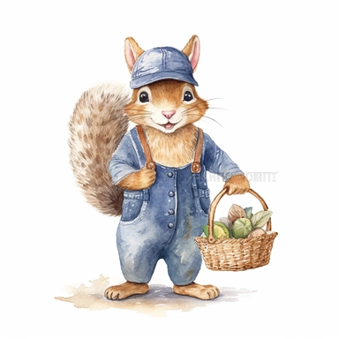 An anthropomorphic squirrel wearing a brown nut-patterned jumpsuit and a dark blue farmer's cap clipart,happy expression,Storing nuts in a little sack , standing dynamic pose, front side view, in the style of watercolor cartoon clipart, beatrix potter style, pixar style, high resolution, composition free space, pastel color scheme, soft and tender, watercolour clipart, watercolor illlustration for kids and children,isolated white background, clipart most popular on etsy, book illustration, featu