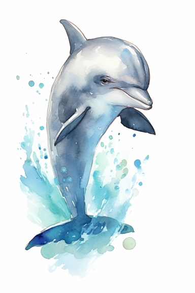 Clip art of dolphin, simple, White margins around the image, drawn by Helen Beatrix Potter, easy to crop image, white background