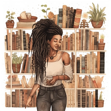 illustration of black woman, with an dreadlocks, and bookshelves, boho modern aesthetic, cottagecore, avacadopunk, florals, pastel and gold tones, flawless line work, low detail, clipart, white background