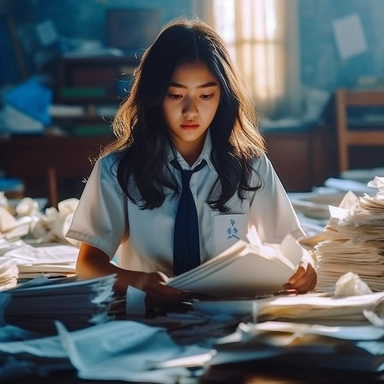 Real photos, bright environment, warm light, classroom filled with tall textbooks, test papers flying in the air, a 19 year old beautiful Asian girl sitting in the classroom, with a smile on her face, messy hair, wearing a school uniform and holding a pen. The girl looked at the camera, warm light shining from behind her., Art movie clips, movies, real photos, 16K-ar 16:9