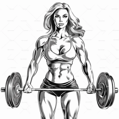 beatifiul female bodybuilder lifting barbell, showing abs, clipart, black and white, detalied illustration, clipart