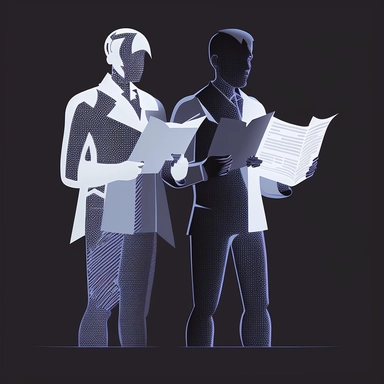 clipart of two people facing each other with a document being electronically transfered from one to the other, the clipart is grey, dark background, futuristic style