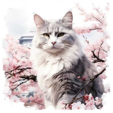 Ragdoll Cat wearing a dream-color Japanese kimono wanders under the grand Osaka Castle, surrounded by cherry blossoms in the park below. Clipart Watercolor By Yuzo Komori. clean line, on white background only, spaced out, with space around.