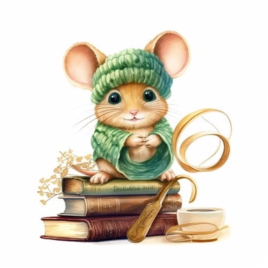 watercolor clipart, cute little brown mouse wearing glasses and a green scarf, sitting on the top of a sewing thread spool reading a book, soft golden glow, isolated and centered on a white background, detailed 8K