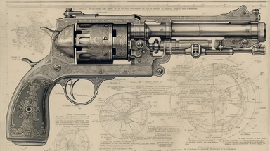 A detailed diagrammatic illustration of an old vintage gun, showcasing its mechanical intricacies and features in a technical style. The gun can be any type, such as a classic revolver or a musket, and should evoke a nostalgic feel. The background can be a simple color or a textured pattern, with additional elements such as bullet casings or a shooting range. This clipart is perfect for use in historical-themed projects, gun-related advertising, or vintage-inspired designs.