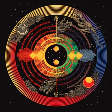 create a taoist symbol reflecting the taoist moment where all things are aligned with the universe. make it bit psychdelic, zen, and subcounscious. Whole scene or symbol shoiuld reflect total aligment. no people. make this picture as clipart style
