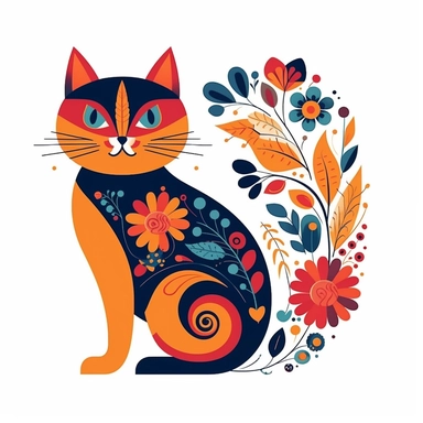 cartoon style cat, bright colored boho style flowers, silhouette vector flat simple identification symbol white backround white background minimalistic clipart png svg