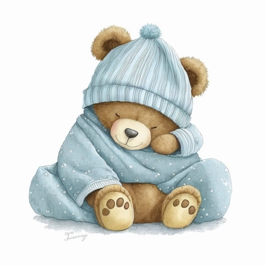 an ultra Cute little newborn baby teddy bear wearing pyjamas, #475F94 dusky blue shabby chic traditional classic striped pyjamas and a bedtime hat and is sitting on a dusky blue blanket watercolour, cute,, bedtime, sleepy, dreamy, isolated on white backgr