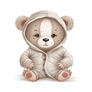 Clipart of a cute baby bear wearing cozy pajamas on white background. Add small details like a bear ear hat or fluffy slippers to accentuate the cute and cozy look