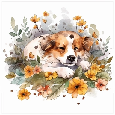 Lazy Dog Sleeping in garden over Flowers and Leaves ,Isolated,Watercolor Clipart