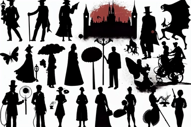 silhouettes of soldiers, priests, devils, fauns, angels, jugglers, cops, clowns, madmen. Bizarre, whimsical, random, victorian, theatrical, funny. Black and white clipart collection, white background