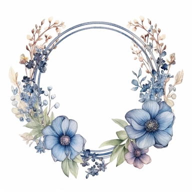 watercolor clipart of a empty suttle dainty floral oval frame surrounded by dusty blue color flowers. Capture the essence of blooming beauty and intricate details in your artwork, white background