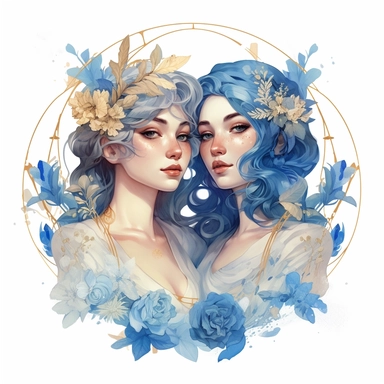 two women, zodiac sign - Gemini, beautiful face, flowers, Gilded, blue colors, high quality, clipart, white background, Artgerm