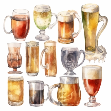 clip art, medieval beer mugs and stines, wine glasses and shot glasses, Highly detailed, light watercolor, white background