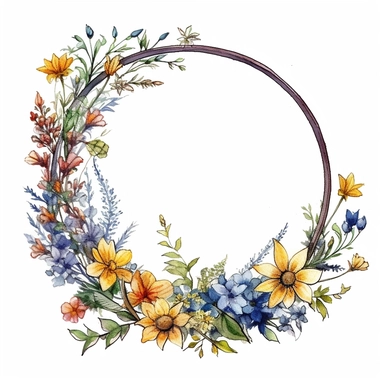 watercolor clipart of a empty suttle dainty floral circle frame surrounded by summer flowers. Capture the essence of blooming beauty and intricate details in your artwork, white background