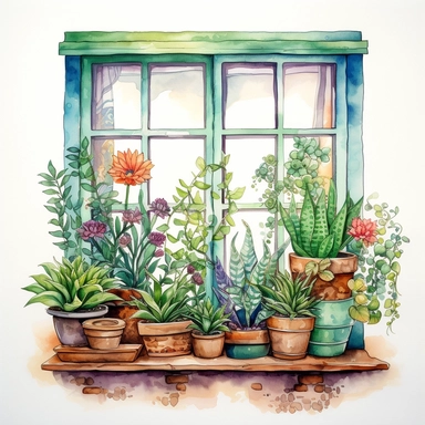 home flowers standing front of a big boho style window with watercolor effect,suitable for digital clipart,white background,greenery plants,home style plants