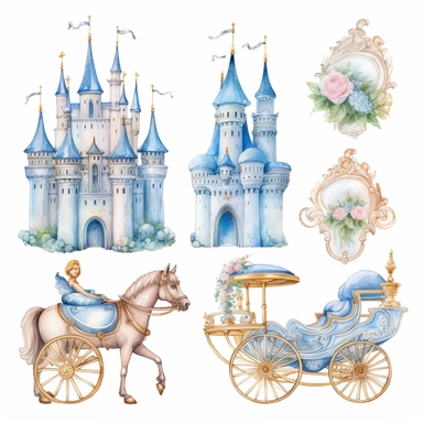 Watercolor illustration clipart set castle, princess, cinderella carriage, tiara, unicorn, hd realistic, no background