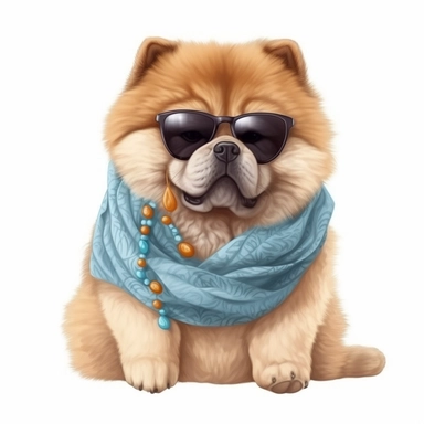cute funny kawaii Chow Chow Puppy with Balenciaga sunglasses and cool necklaces or scarf, cute illustration, clipart, white backgound, Cuttable Design,full body