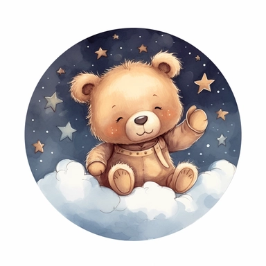 Cute teddy bear illustration, realistic adorable teddy bear sleeping on a soft moon surrounded by stars, sleepy happy clipart, nursery style clipart, Nursery Animals Art, Kids Wall Art, Kids Room Decor, Baby Room Decor, isolated on white, ultra - detailed, high quality, ghibli style, award winning