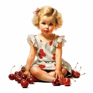 adorable little vintage girl sitting on a big bunch of glossy ripe cherries, face looking straight, full body, clipart style, accurate details, oil painting technique, super high quality, professional watercolor clipart, high resolution