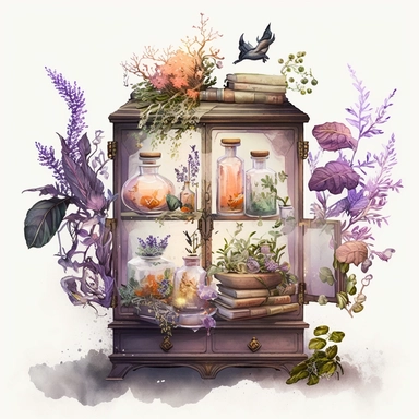 ultra quality details, Witches Apothecary Cabinet, Flower, Watercolour Background, Clipart