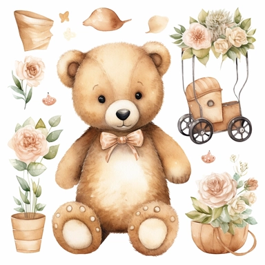 Watercolor bear clipart bundle, cute baby bear, garden and flowers illustrations, baby toys