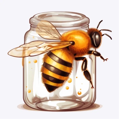 honeybee seitting on a transparent glass jar filled with honey, clipart on a white background, clipart transparent background, clipart sticker