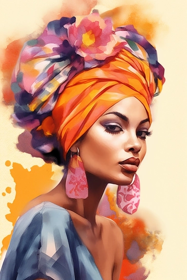 Portrait afro girl woman wears bandana for curly hairstyles. profile, black melanin skin. Shenbolen Ankara Headwrap Women. Afro Traditional Headtie Scarf Turban in tribal zebra fabric design texture watercolor clipart. pink indigo and orange. gold details on purple background watercolor texture. white flowers.