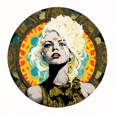 platinum blonde Orientalism bohemian grunge young woman Super Saiyan, handpainted enamel, clipart illustration, circle white background, circular compound design border